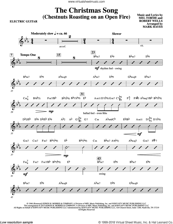 The Christmas Song (Chestnuts Roasting On An Open Fire) sheet music for orchestra/band (electric guitar) by Mel Torme, Mark Hayes, Clay Crosse, King Cole Trio, Nat Cole with N. Riddle Orch., Mel Torme and Robert Wells, intermediate skill level