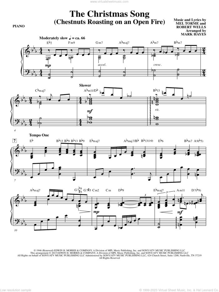 The Christmas Song (Chestnuts Roasting On An Open Fire) sheet music for orchestra/band (piano) by Mel Torme, Mark Hayes, Clay Crosse, King Cole Trio, Nat Cole with N. Riddle Orch., Mel Torme and Robert Wells, intermediate skill level