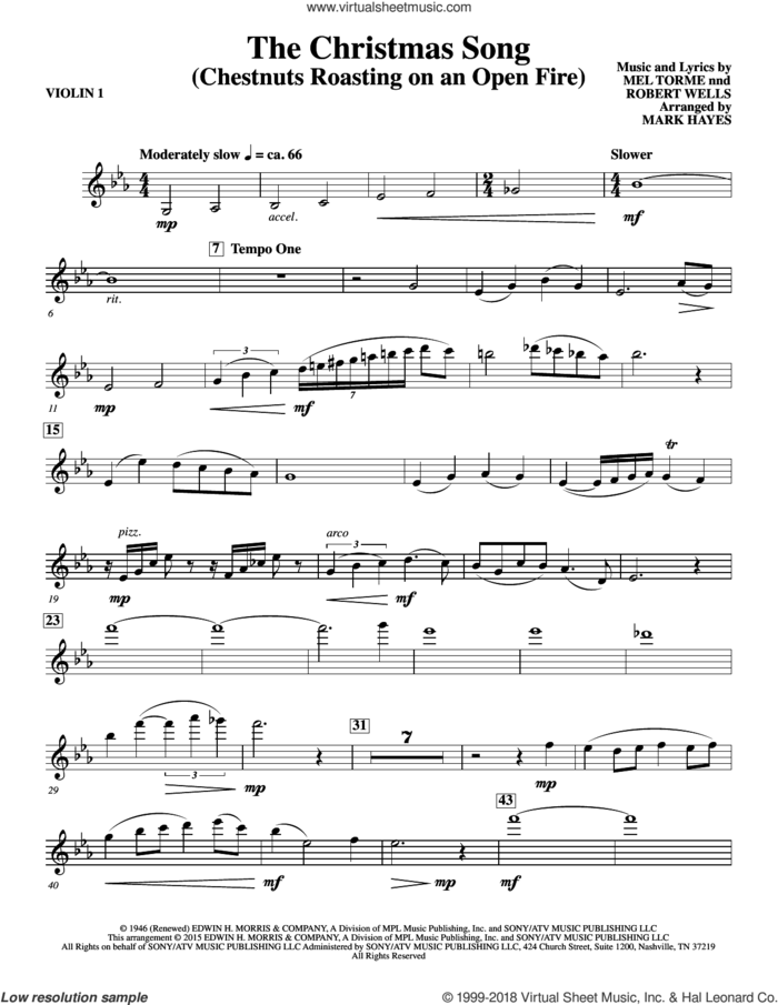 The Christmas Song (Chestnuts Roasting On An Open Fire) sheet music for orchestra/band (violin 1) by Mel Torme, Mark Hayes, Clay Crosse, King Cole Trio, Nat Cole with N. Riddle Orch., Mel Torme and Robert Wells, intermediate skill level