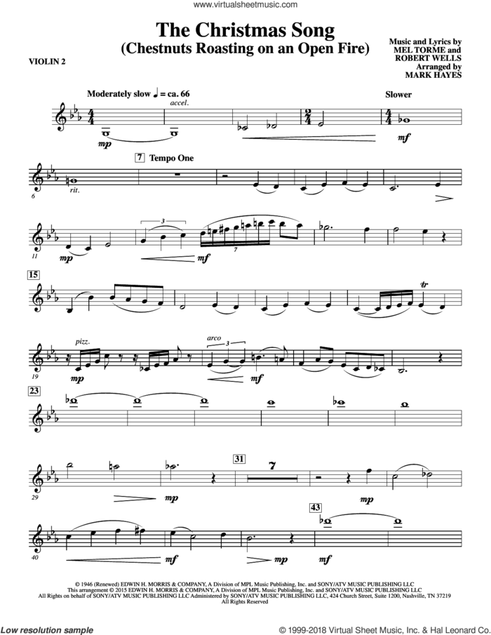 The Christmas Song (Chestnuts Roasting On An Open Fire) sheet music for orchestra/band (violin 2) by Mel Torme, Mark Hayes, Clay Crosse, King Cole Trio, Nat Cole with N. Riddle Orch., Mel Torme and Robert Wells, intermediate skill level