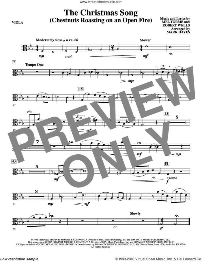 The Christmas Song (Chestnuts Roasting On An Open Fire) sheet music for orchestra/band (viola) by Mel Torme, Mark Hayes, Clay Crosse, King Cole Trio, Nat Cole with N. Riddle Orch., Mel Torme and Robert Wells, intermediate skill level