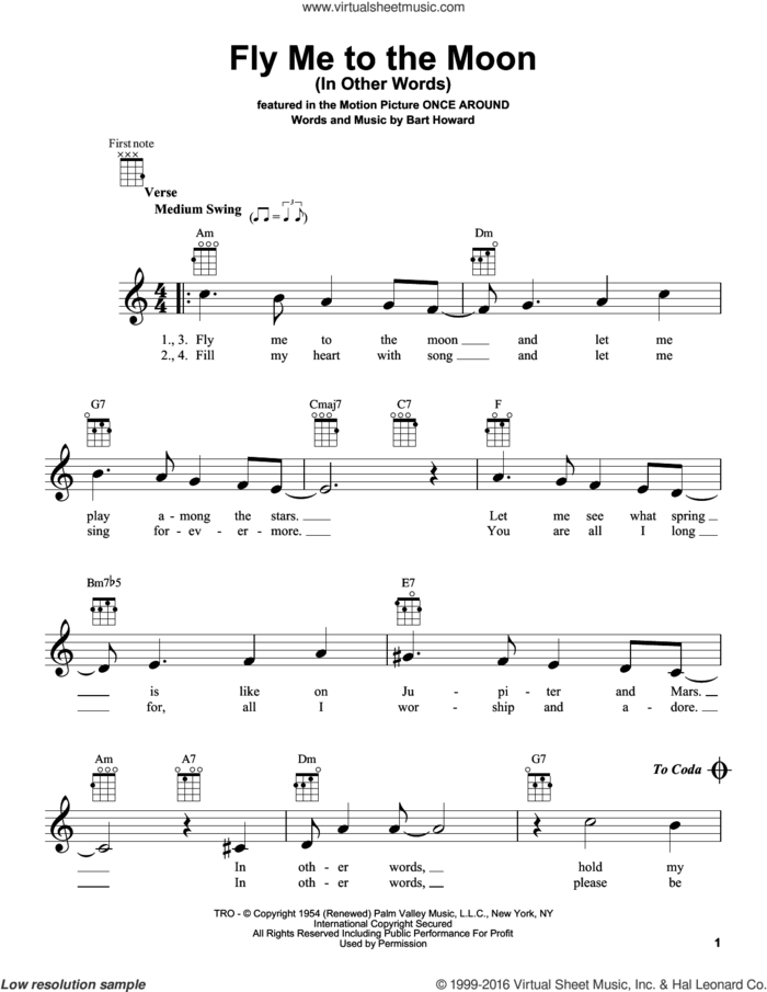 Fly Me To The Moon (In Other Words) sheet music for ukulele by Bobby Darin, Bart Howard and Tony Bennett, wedding score, intermediate skill level