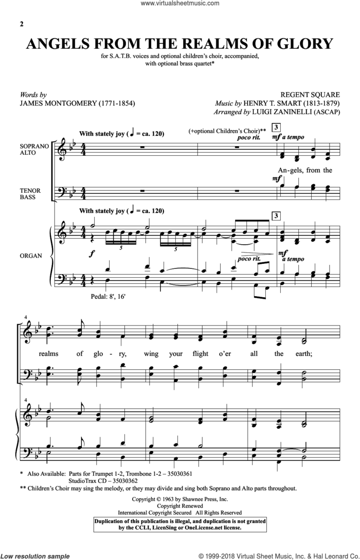 Angels From The Realms Of Glory sheet music for choir (SATB: soprano, alto, tenor, bass) by James Montgomery, Luigi Zaninelli and Henry T. Smart, intermediate skill level