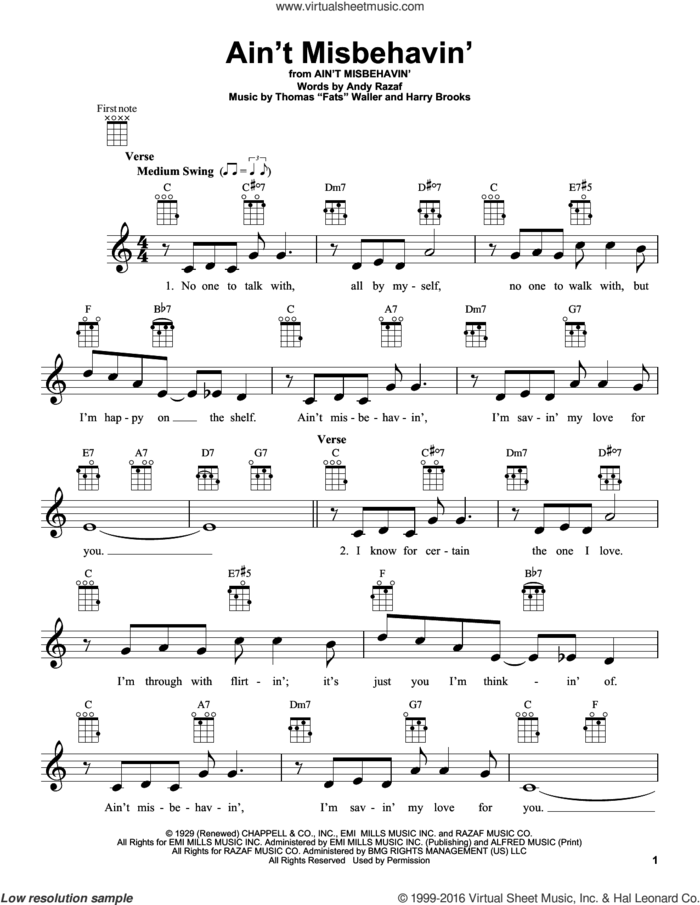 Ain't Misbehavin' sheet music for ukulele by Andy Razaf, Hank Williams, Jr., Thomas Waller and Harry Brooks, intermediate skill level