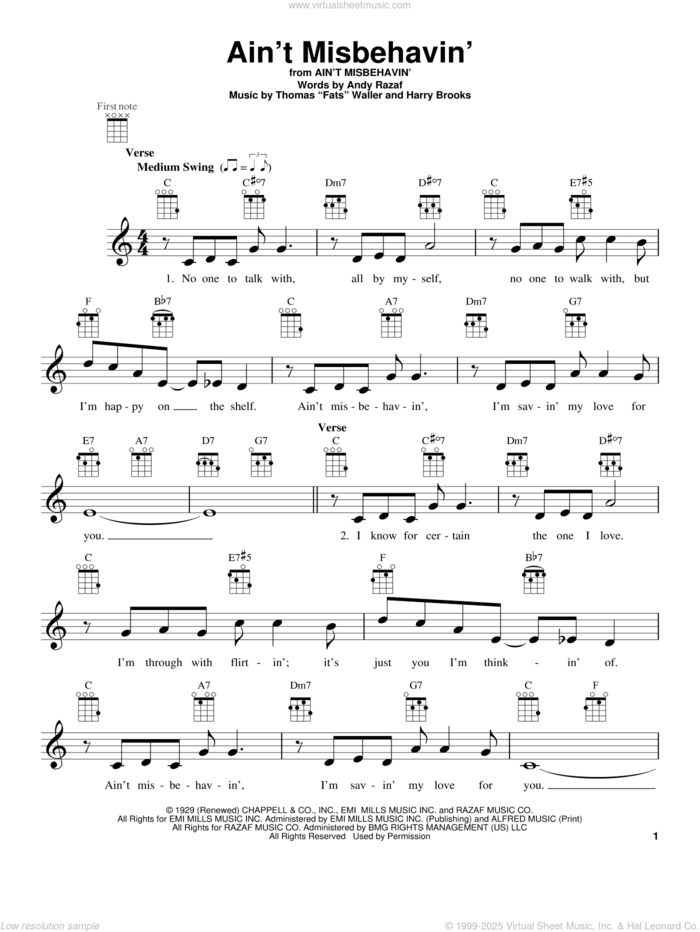 Ain't Misbehavin' sheet music for ukulele by Andy Razaf, Hank Williams, Jr., Thomas Waller and Harry Brooks, intermediate skill level