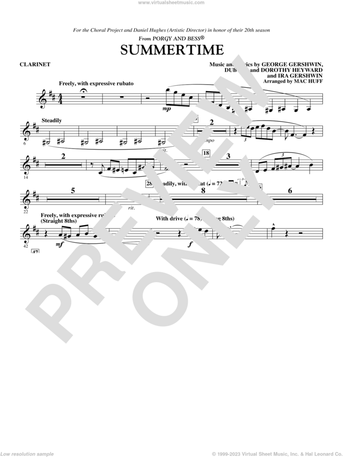 Summertime sheet music for orchestra/band (clarinet) by George Gershwin, Dorothy Heyward, DuBose Heyward, Ira Gershwin and Mac Huff, intermediate skill level