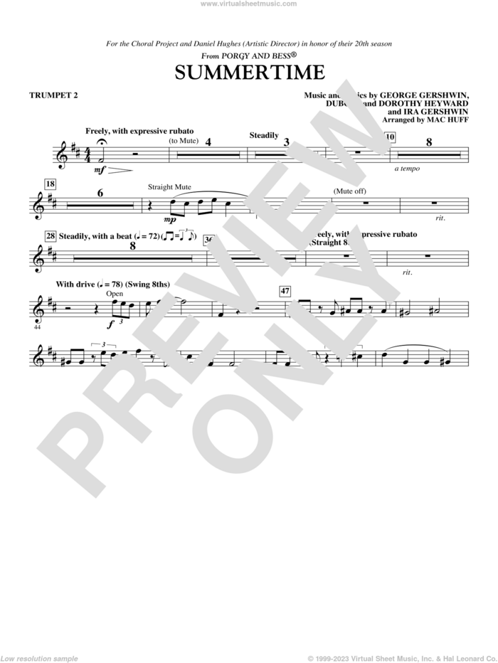 Summertime sheet music for orchestra/band (trumpet 2) by George Gershwin, Dorothy Heyward, DuBose Heyward, Ira Gershwin and Mac Huff, intermediate skill level