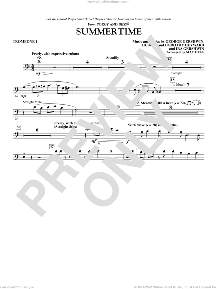 Summertime sheet music for orchestra/band (trombone 1) by George Gershwin, Dorothy Heyward, DuBose Heyward, Ira Gershwin and Mac Huff, intermediate skill level