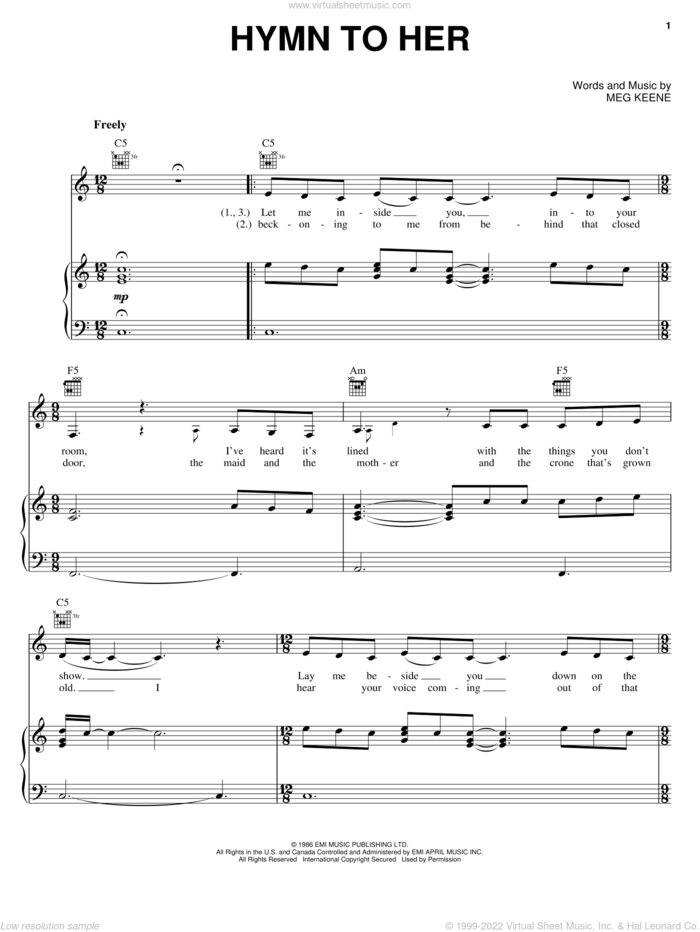 Hymn To Her sheet music for voice, piano or guitar by The Pretenders and Meg Keene, intermediate skill level