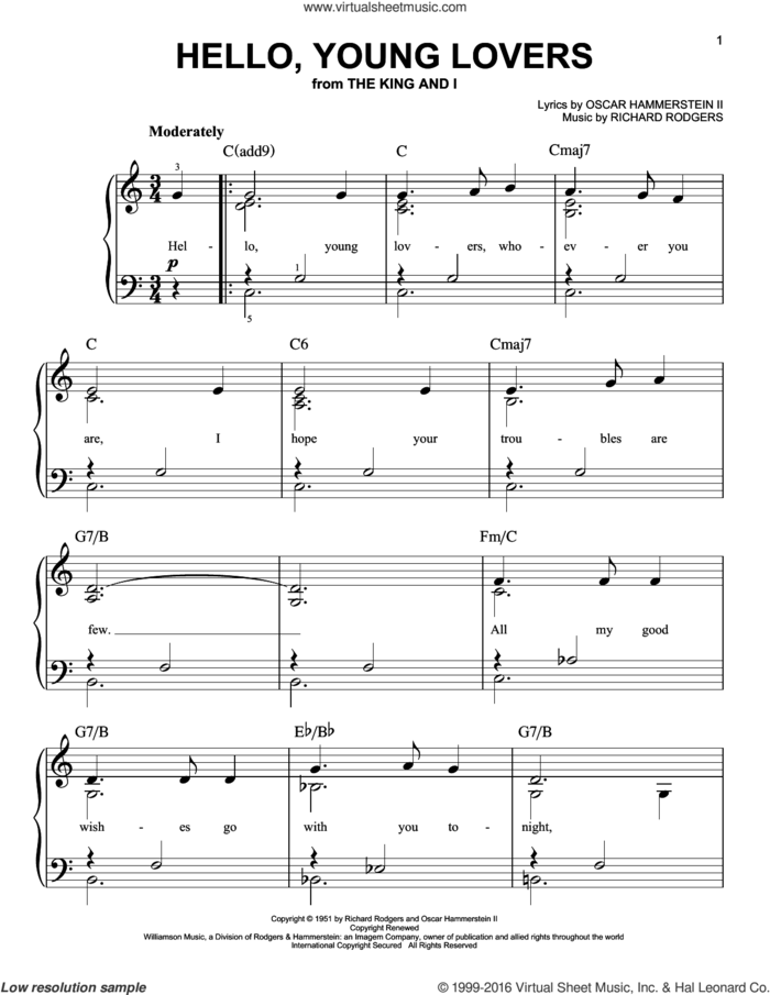 Hello, Young Lovers, (easy) sheet music for piano solo by Rodgers & Hammerstein, Oscar II Hammerstein, Richard Rodgers and Stevie Wonder, easy skill level