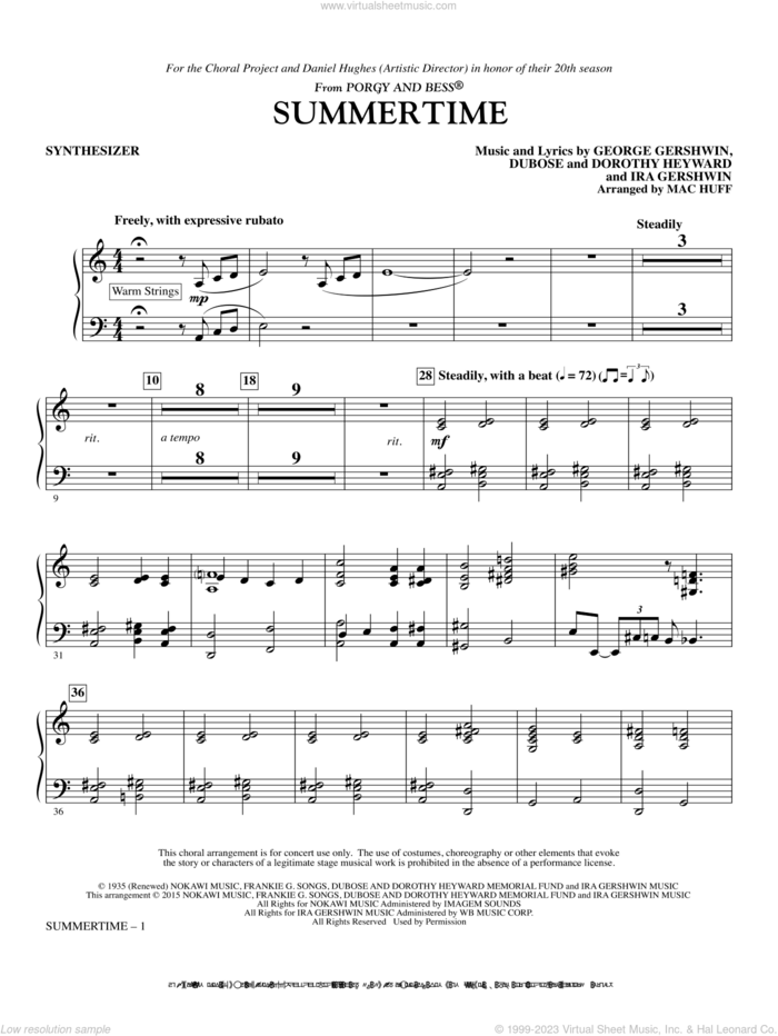 Summertime sheet music for orchestra/band (synthesizer) by George Gershwin, Dorothy Heyward, DuBose Heyward, Ira Gershwin and Mac Huff, intermediate skill level