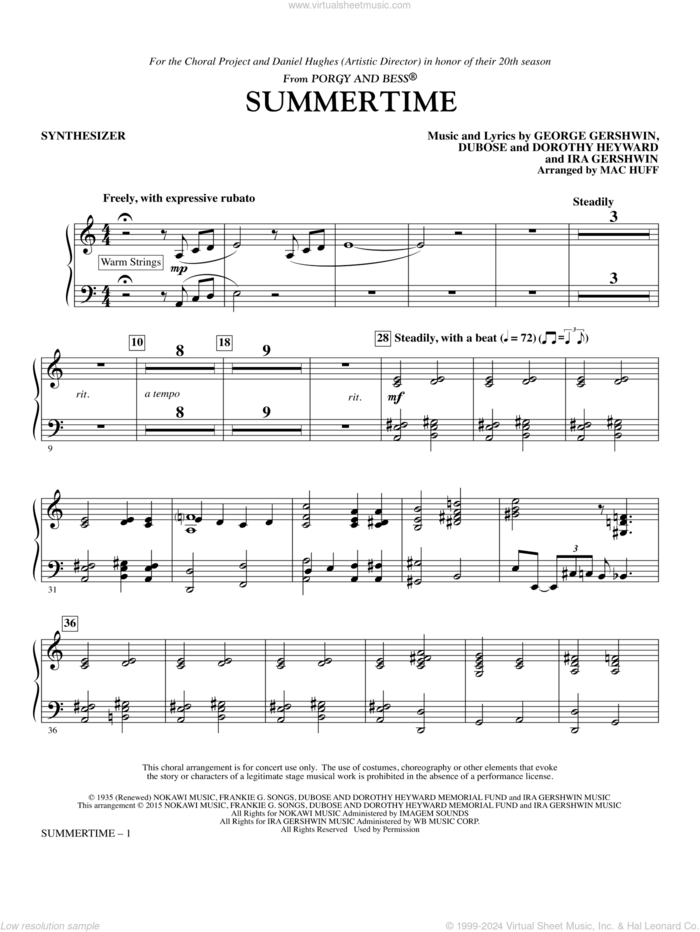 Summertime sheet music for orchestra/band (synthesizer) by George Gershwin, Dorothy Heyward, DuBose Heyward, Ira Gershwin and Mac Huff, intermediate skill level