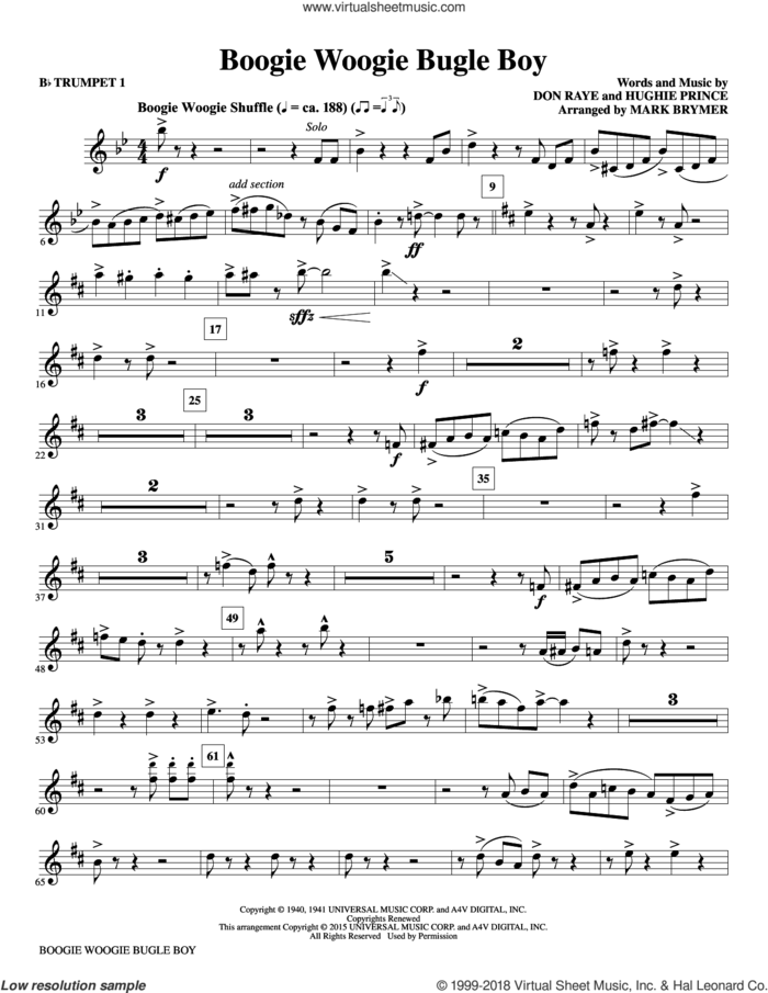 Boogie Woogie Bugle Boy (arr. Mark Brymer) (complete set of parts) sheet music for orchestra/band by Mark Brymer, Bette Midler, Don Raye, Hughie Prince, The Andrews Sisters and Andrews Sisters, intermediate skill level