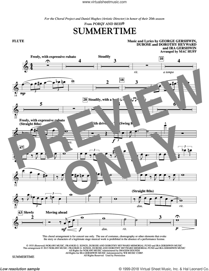 Summertime (arr. Mac Huff) (complete set of parts) sheet music for orchestra/band by Mac Huff, Dorothy Heyward, DuBose Heyward, George Gershwin and Ira Gershwin, intermediate skill level