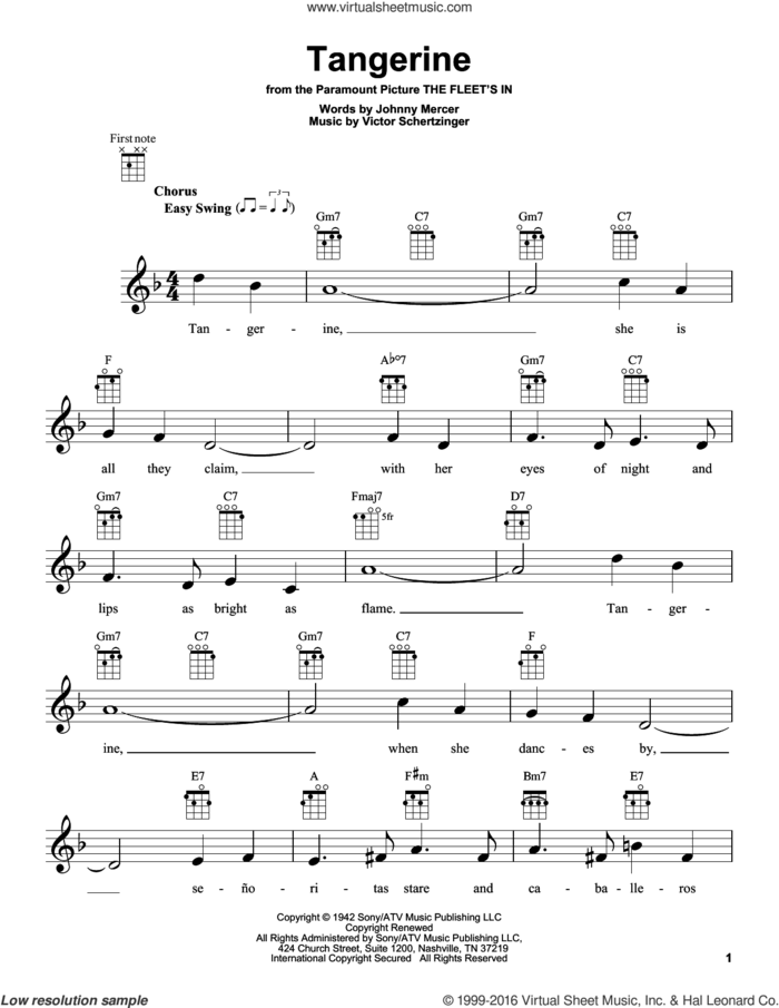 Tangerine sheet music for ukulele by Jimmy Dorsey & His Orchestra, Johnny Mercer and Victor Schertzinger, intermediate skill level