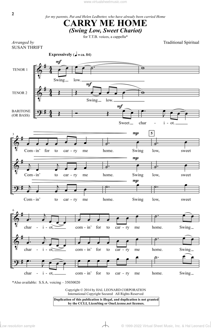 Carry Me Home (Swing Low, Sweet Chariot) sheet music for choir (TTB: tenor, bass) by Susan Thrift, intermediate skill level
