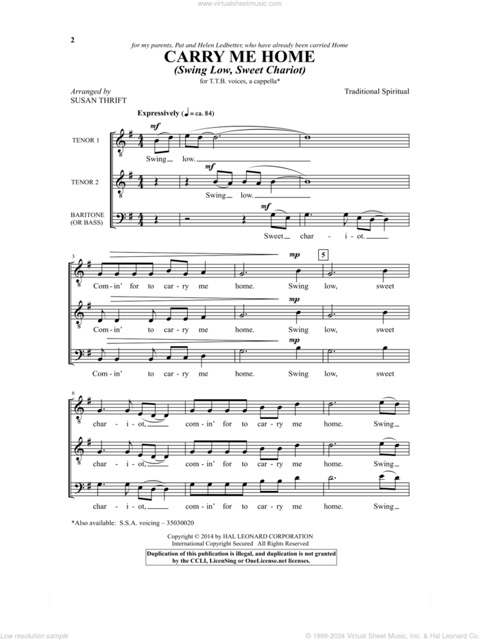 Carry Me Home (Swing Low, Sweet Chariot) sheet music for choir (TTB: tenor, bass) by Susan Thrift, intermediate skill level