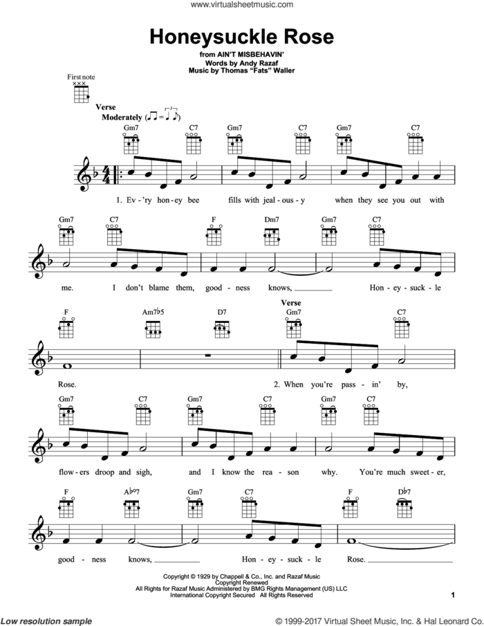 Honeysuckle Rose sheet music for ukulele by Django Reinhardt, Andy Razaf and Thomas Waller, intermediate skill level
