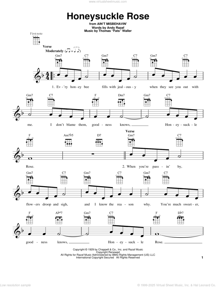 Honeysuckle Rose sheet music for ukulele by Django Reinhardt, Andy Razaf and Thomas Waller, intermediate skill level