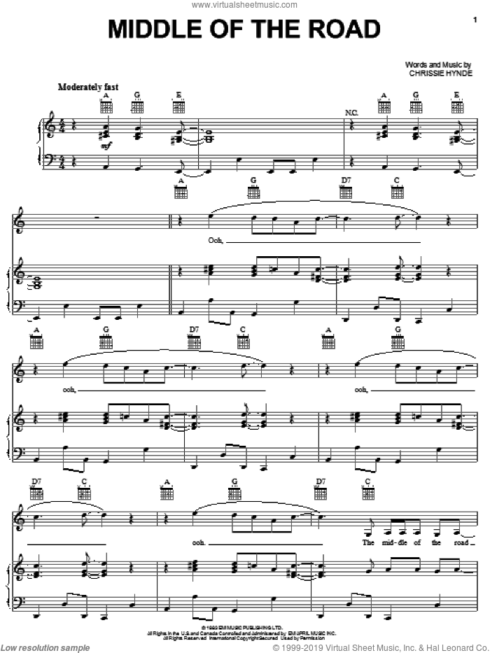Middle Of The Road sheet music for voice, piano or guitar by The Pretenders and Chrissie Hynde, intermediate skill level