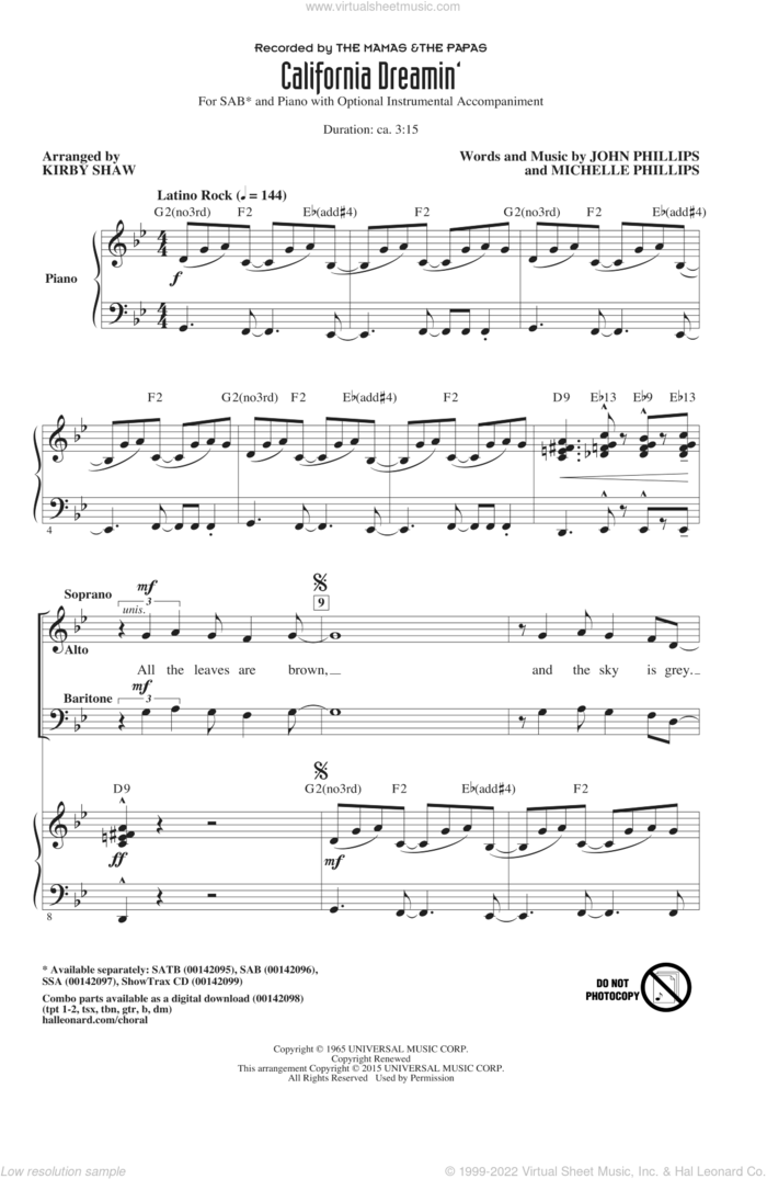 California Dreamin' sheet music for choir (SAB: soprano, alto, bass) by Michelle Phillips, Kirby Shaw, Mamas and Papas, The Mamas & The Papas and John Phillips, intermediate skill level