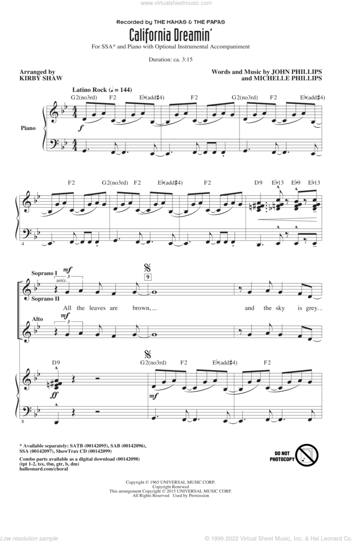 California Dreamin' sheet music for choir (SSA: soprano, alto) by Michelle Phillips, Kirby Shaw, Mamas and Papas, The Mamas & The Papas and John Phillips, intermediate skill level