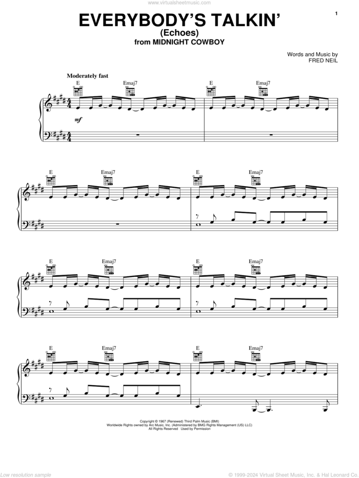 Everybody's Talkin' (Echoes) sheet music for voice, piano or guitar by Harry Nilsson and Fred Neil, intermediate skill level