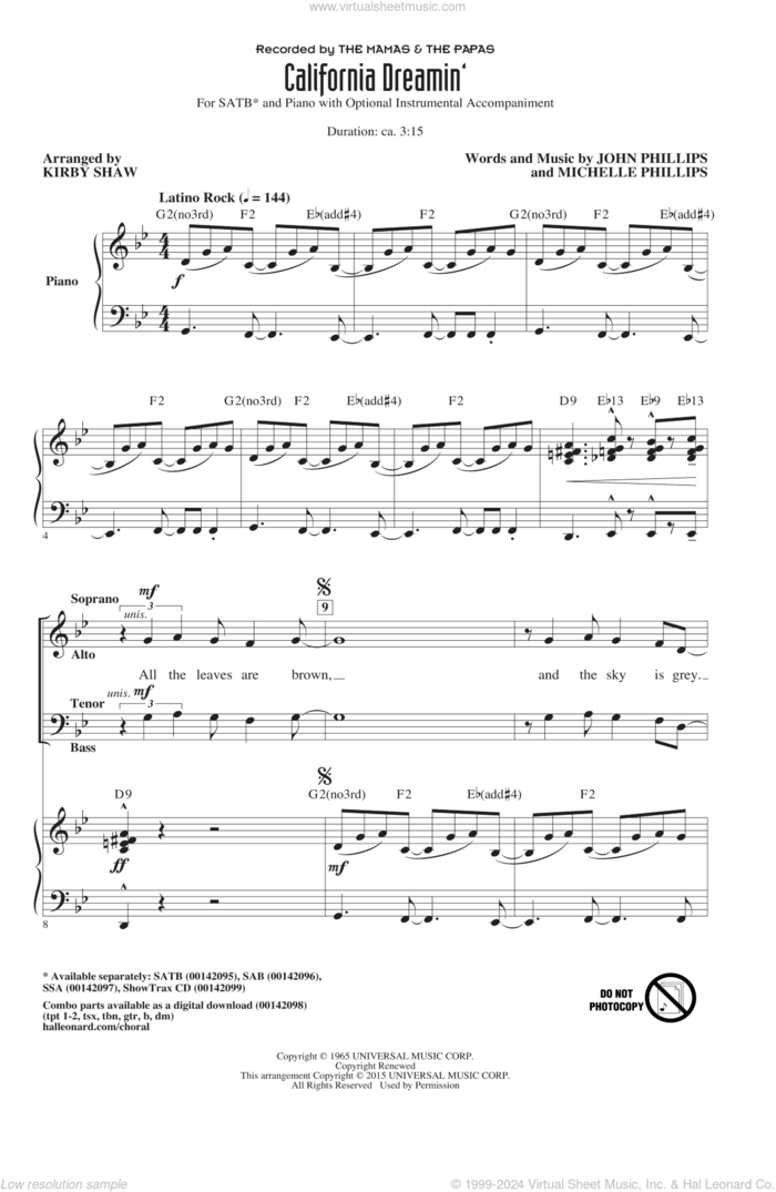 California Dreamin' sheet music for choir (SATB: soprano, alto, tenor, bass) by Michelle Phillips, Kirby Shaw, Mamas and Papas, The Mamas & The Papas and John Phillips, intermediate skill level