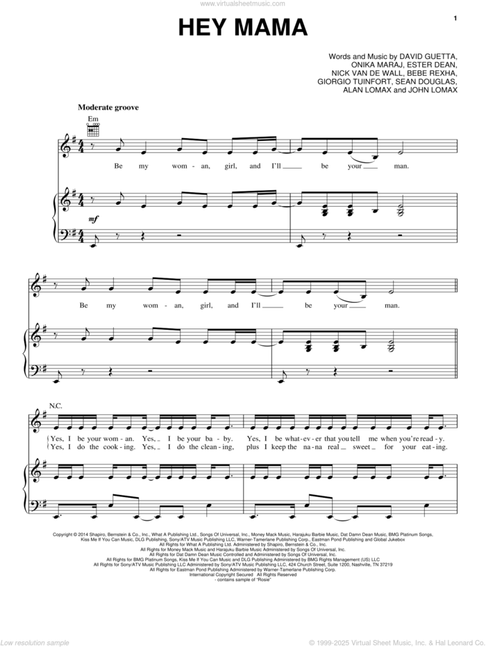 Hey Mama sheet music for voice, piano or guitar by David Guetta feat. Nicki Minaj & Afrojack, Bebe Rexha, David Guetta, Ester Dean, Giorgio Tuinfort, John A. Lomax, Nick Van De Wall, Nicki Minaj and Sean Douglas, intermediate skill level