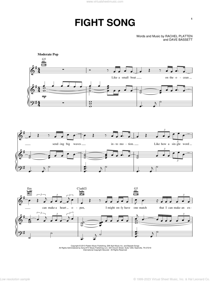 Fight Song sheet music for voice, piano or guitar by Rachel Platten and Dave Bassett, intermediate skill level