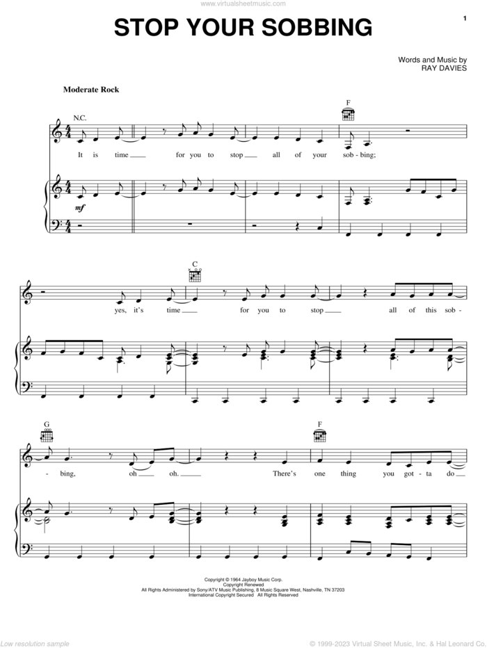 Stop Your Sobbing sheet music for voice, piano or guitar by The Pretenders, The Kinks and Ray Davies, intermediate skill level