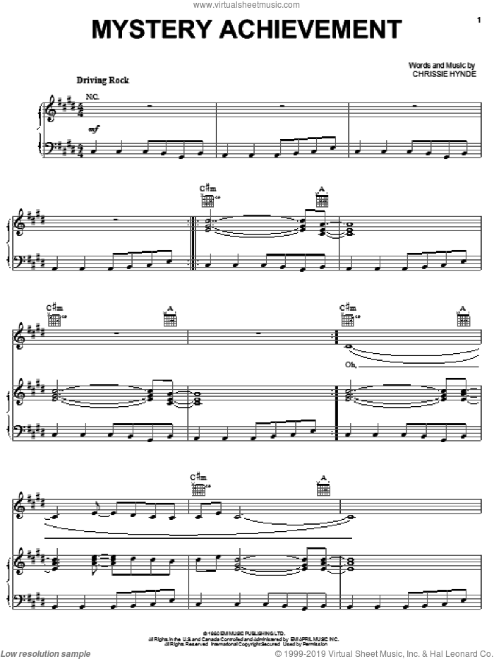 Mystery Achievement sheet music for voice, piano or guitar by The Pretenders and Chrissie Hynde, intermediate skill level