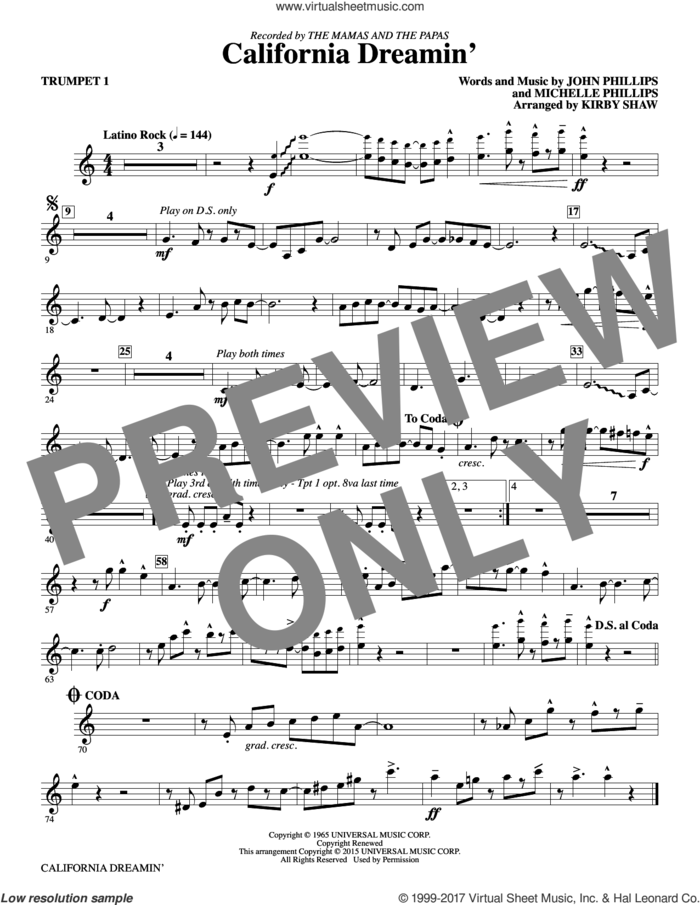 California Dreamin' (complete set of parts) sheet music for orchestra/band by Kirby Shaw, John Phillips, Michelle Phillips and The Mamas & The Papas, intermediate skill level