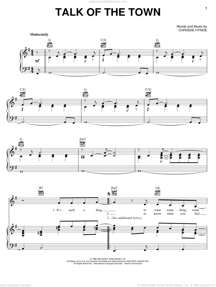 Talk Of The Town sheet music for voice, piano or guitar by The Pretenders and Chrissie Hynde, intermediate skill level