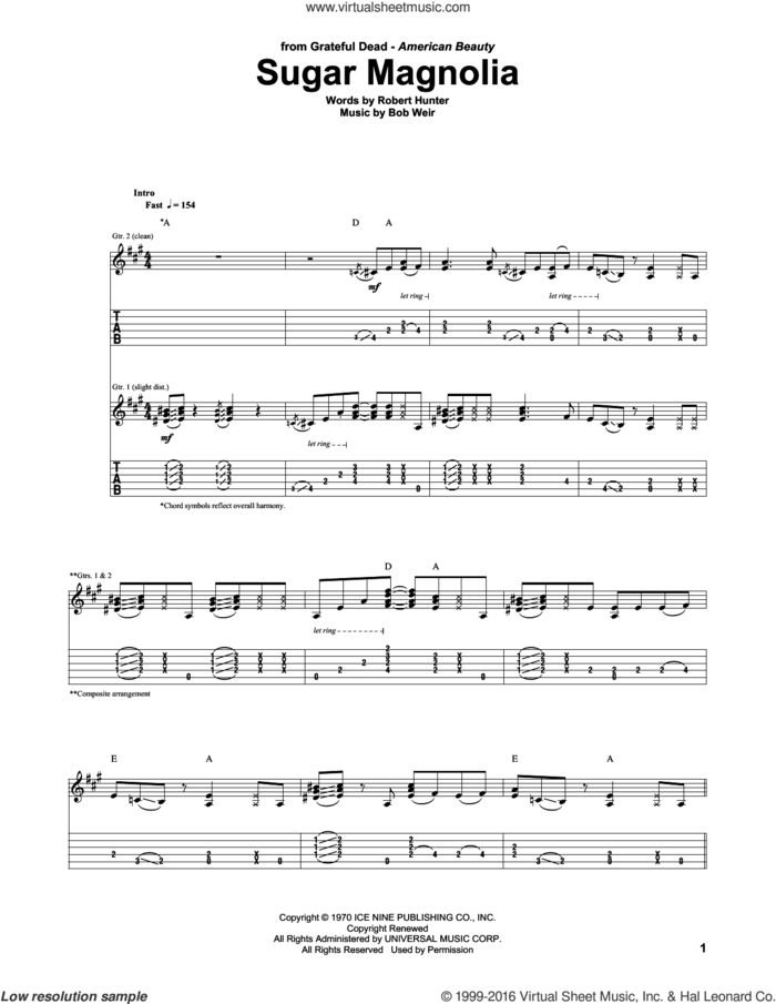 Sugar Magnolia sheet music for guitar (tablature) by Grateful Dead, Bob Weir and Robert Hunter, intermediate skill level