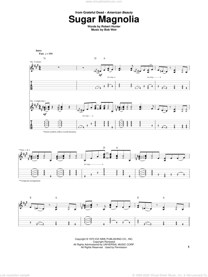 Sugar Magnolia sheet music for guitar (tablature) by Grateful Dead, Bob Weir and Robert Hunter, intermediate skill level