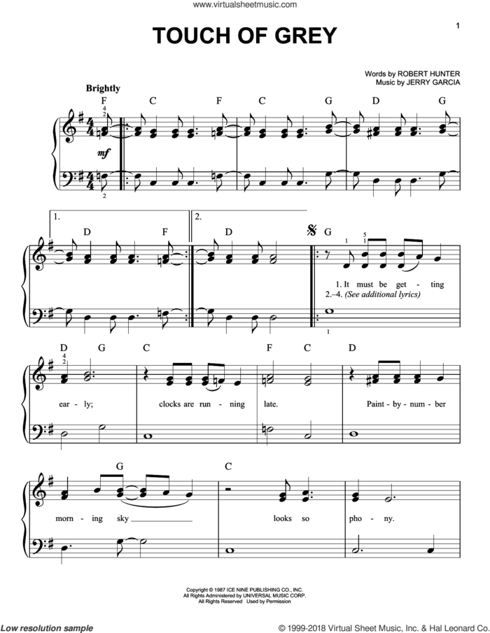 Touch Of Grey sheet music for piano solo by Grateful Dead, Jerry Garcia and Robert Hunter, easy skill level