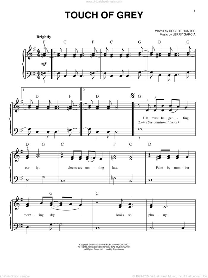 Touch Of Grey sheet music for piano solo by Grateful Dead, Jerry Garcia and Robert Hunter, easy skill level