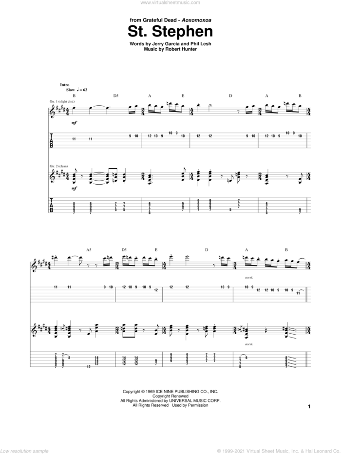 St. Stephen sheet music for guitar (tablature) by Grateful Dead, Jerry Garcia, Phil Lesh and Robert Hunter, intermediate skill level