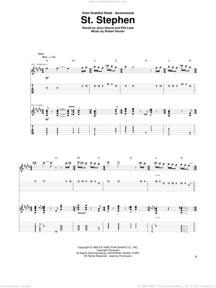 St. Stephen sheet music for guitar (tablature) by Grateful Dead, Jerry Garcia, Phil Lesh and Robert Hunter, intermediate skill level