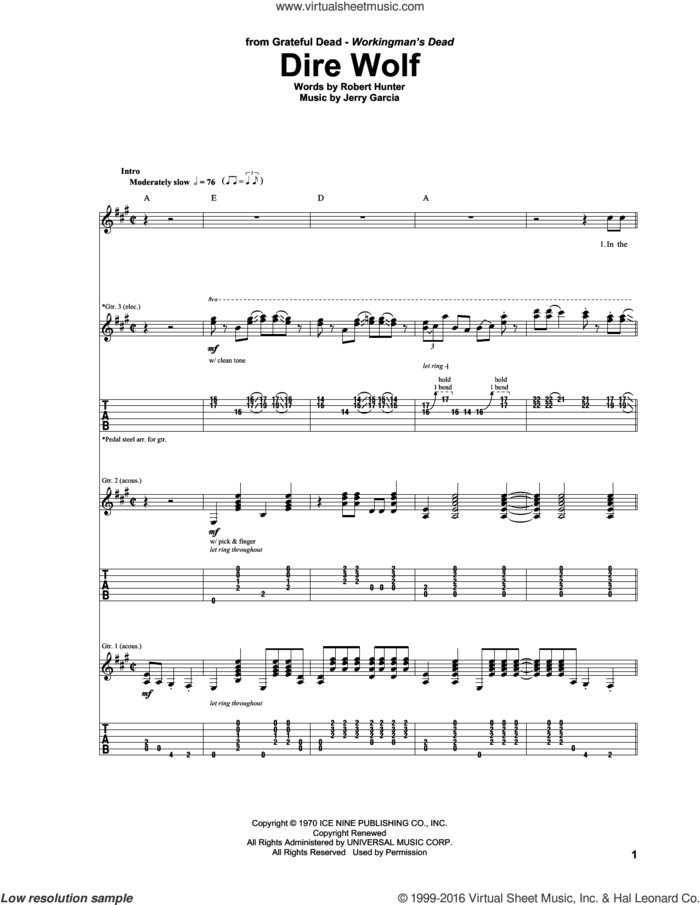 Dire Wolf sheet music for guitar (tablature) by Grateful Dead, Jerry Garcia and Robert Hunter, intermediate skill level