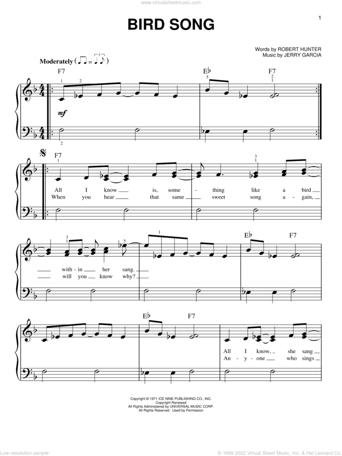 Bird Song sheet music for piano solo by Grateful Dead, Jerry Garcia and Robert Hunter, easy skill level