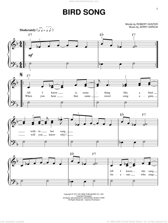 Bird Song sheet music for piano solo by Grateful Dead, Jerry Garcia and Robert Hunter, easy skill level