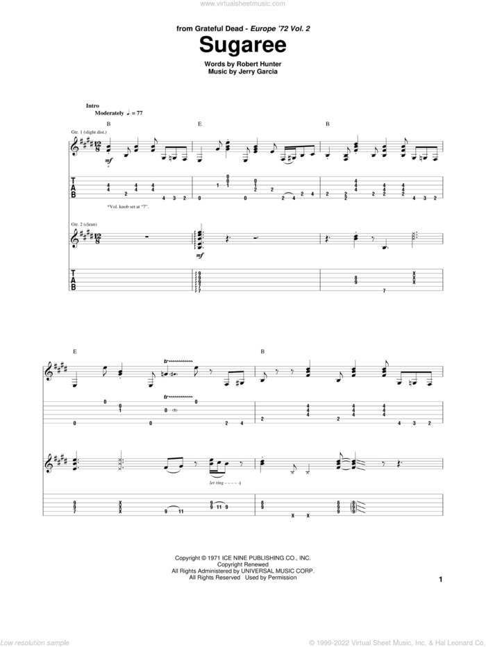 Sugaree sheet music for guitar (tablature) by Grateful Dead, Jerry Garcia and Robert Hunter, intermediate skill level