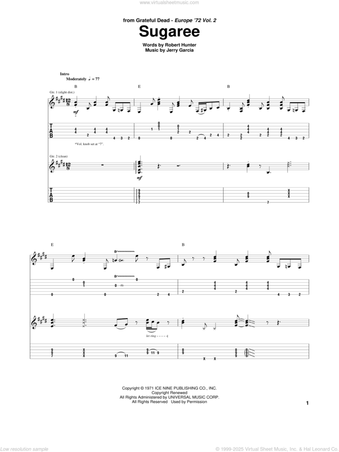 Sugaree sheet music for guitar (tablature) by Grateful Dead, Jerry Garcia and Robert Hunter, intermediate skill level