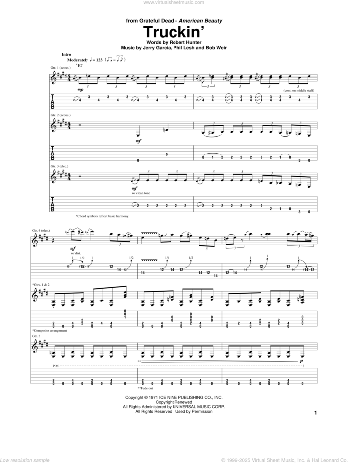 Truckin' sheet music for guitar (tablature) by Grateful Dead, Bob Weir, Jerry Garcia, Phil Lesh and Robert Hunter, intermediate skill level