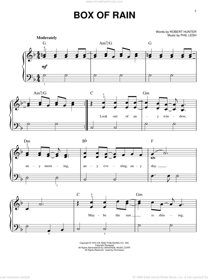 Box Of Rain sheet music for piano solo by Grateful Dead, Phil Lesh and Robert Hunter, easy skill level