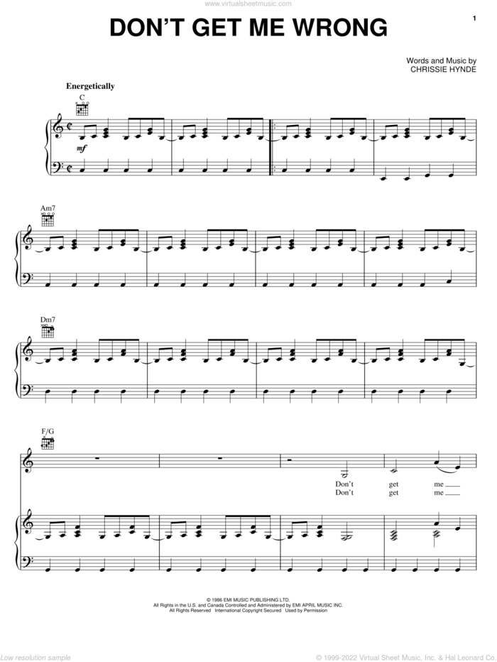 Don't Get Me Wrong sheet music for voice, piano or guitar by The Pretenders and Chrissie Hynde, intermediate skill level