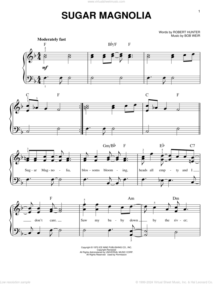 Sugar Magnolia sheet music for piano solo by Grateful Dead, Bob Weir and Robert Hunter, easy skill level