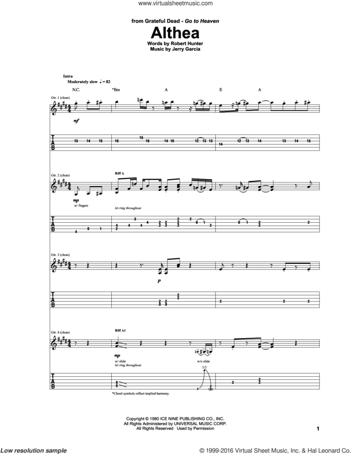 Althea sheet music for guitar (tablature) by Grateful Dead, Jerry Garcia and Robert Hunter, intermediate skill level